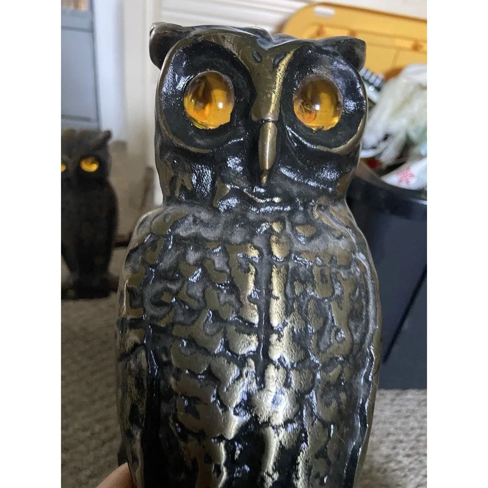 Antique Vintage Brass Owl Andirons Fireplace Amber Glass Eyes‎ 13